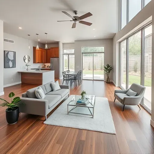 Modern living room in Bridgeland TX, featuring hardwood floors, large windows, stylish furniture, and a cozy reading nook.