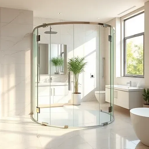 Modern bathroom in Spring TX with frameless glass shower door, marble tiles, minimalist design, and natural lighting.