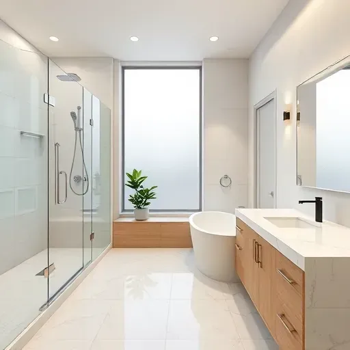 Modern luxurious bathroom remodel in Spring, TX with marble floors, walk-in shower, and soaking tub under natural light.