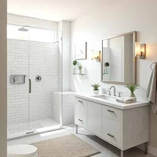 Remodeled Friendswood TX bathroom with modern chrome fixtures, marble countertops, walk-in glass shower, and natural light