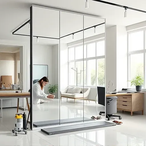 Finished modern mirror installation in a sleek business interior with polished surfaces, subtle lighting, and organized tools