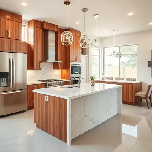 Beautiful modern kitchen in Spring TX with wood cabinets marble island stainless steel appliances pendant lighting natural light polished floors neutral walls and elegant dining area