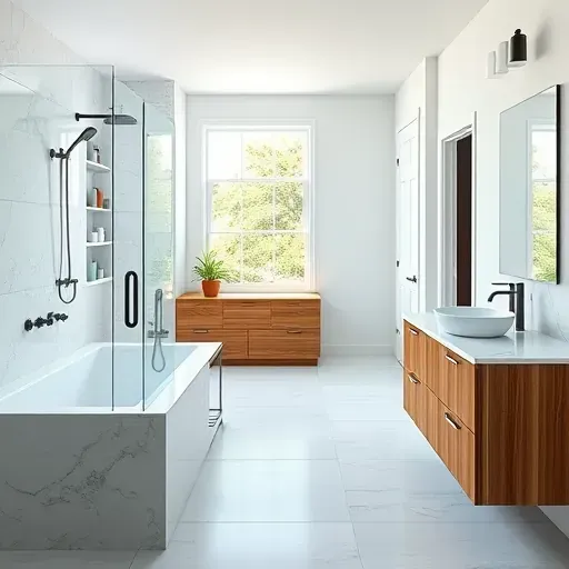 Renovated Bridgeland TX bathroom with walk-in shower, marble bathtub, wooden vanity, large tiles, lush greenery view