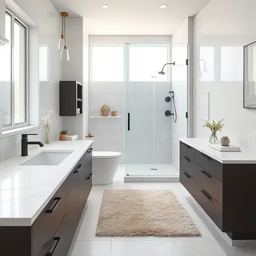 Remodeled Hedwig Village TX bathroom with white marble countertops, black fixtures, glass shower, and natural lighting