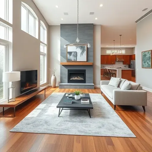 Spacious North Houston living room with light grey walls, warm wood accents, minimalist fireplace, and elegant decor.