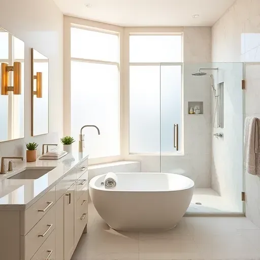 Beautiful remodeled Cinco Ranch TX bathroom with marble countertops soaking tub frameless shower neutral tones and elegant decor