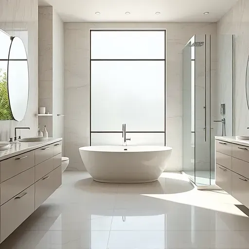 Remodeled Memorial TX bathroom with freestanding tub, marble countertops, glass shower, neutral tiles, lush greenery view
