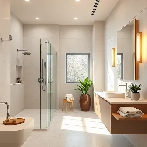 Renovated Atascocita TX bathroom with walk-in shower, marble tiles, floating vanity, modern fixtures, neutral tones, and elegant decor