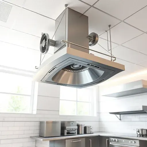 Modern commercial kitchen in Spring Texas featuring a stainless steel exhaust fan, ductwork, tiled ceiling, and clean professional environment