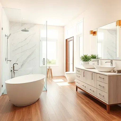 Renovated Shadow Creek TX bathroom with soaking tub, walk-in shower, double vanity, natural light, neutral tones, and modern fixtures