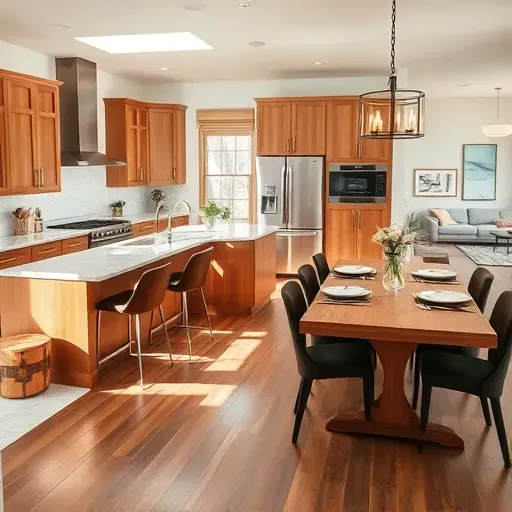 Modern Woodbranch TX kitchen remodel with oak cabinetry, marble counters, stainless steel appliances, and dining area.