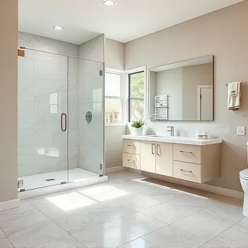 Remodeled Spring Texas bathroom with modern fixtures, walk-in glass shower, floating vanity, and elegant tiled floors
