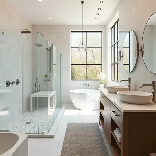 Newly remodeled bathroom in Montgomery TX with modern fixtures, glass shower, freestanding tub, and elegant vanity.