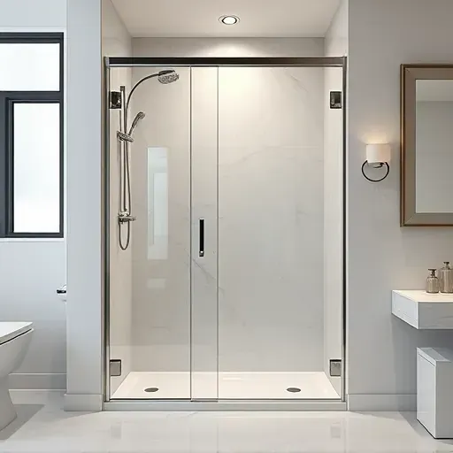 Modern bathroom with frameless glass shower door, polished chrome hardware, neutral marble tiles, subtle lighting, and natural light
