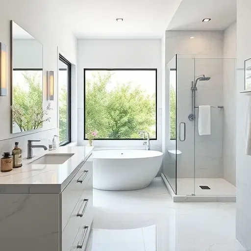 Modern renovated bathroom in Missouri City TX with marble countertops bathtub shower and lush greenery outside
