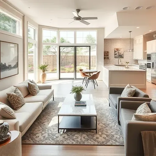 Completed home remodel in Cinco Ranch TX features a stylish living room with modern decor and an elegant kitchen view.