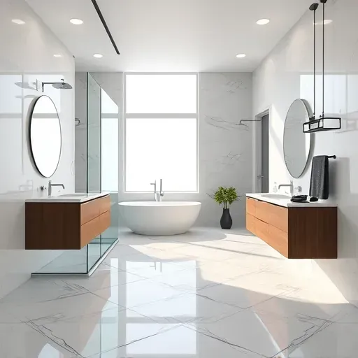 Modern remodeled bathroom in Sugar Land TX with glass shower, marble counters, patterned tiles, and sleek fixtures