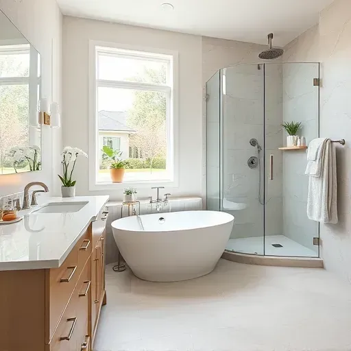 Remodeled Cinco Ranch bathroom with marble countertops, chrome fixtures, soaking tub, large window, neutral tiles, glass shower, greenery, and plush towels