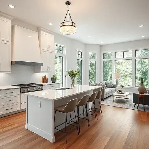 Modern kitchen renovation in Cypress TX with custom cabinetry, quartz countertops, and open living area showcasing elegance.