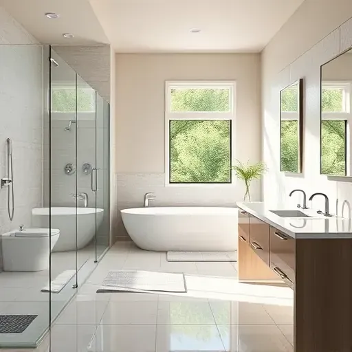 Beautiful modern bathroom in Spring Branch TX featuring a soaking tub, frameless shower, double vanity, and natural light