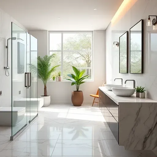 Renovated West Houston bathroom with marble countertops, frameless shower, double vanity, porcelain floor, and modern fixtures