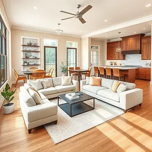 Modern living room in Hedwig Village TX with open layout, custom cabinetry, hardwood floors, and stylish decor.