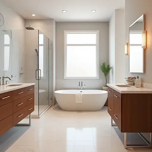 Remodeled bathroom in Oak Ridge North TX with sleek fixtures, walk-in shower, freestanding tub, and elegant decor.