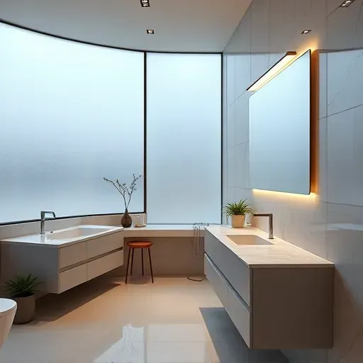 Upgraded Spring TX bathroom featuring marble countertops, modern lighting, large frosted windows, minimalist cabinets, polished floors, and sleek fixtures