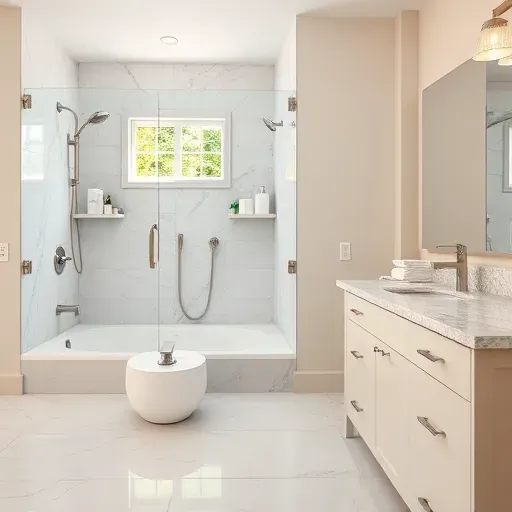 Beautiful modern bathroom highlighting a completed shower to tub conversion with marble tiles and polished fixtures