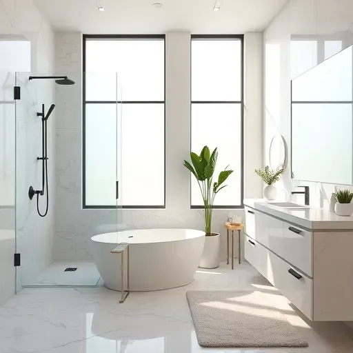 Renovated bathroom in Missouri City TX featuring modern fixtures, spacious walk-in shower, freestanding tub, and elegant design.