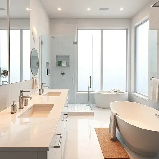 Remodeled Pinehurst TX bathroom with marble countertops glass shower freestanding tub modern fixtures and natural light