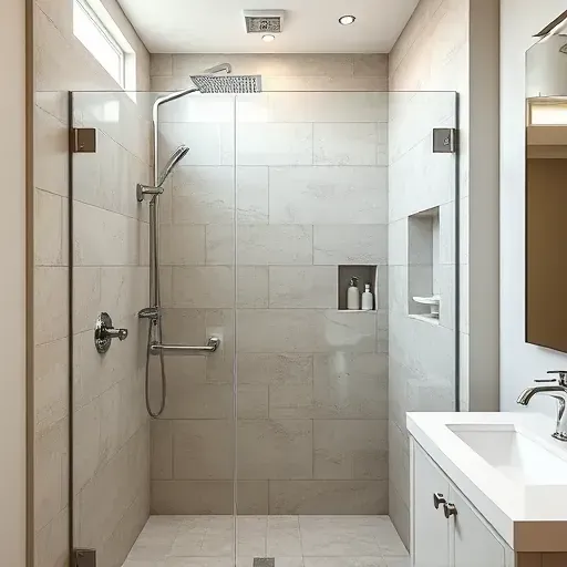 Spacious modern walk-in shower in Spring Texas with frameless glass doors, polished stone tiles, chrome fixtures, rainfall ceiling showerhead, built-in niches, and natural lighting highlighting clean, sophisticated design