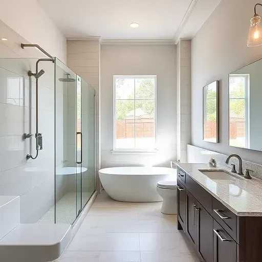 Recently remodeled Missouri City TX bathroom with modern fixtures, walk-in shower, granite countertops, and natural light