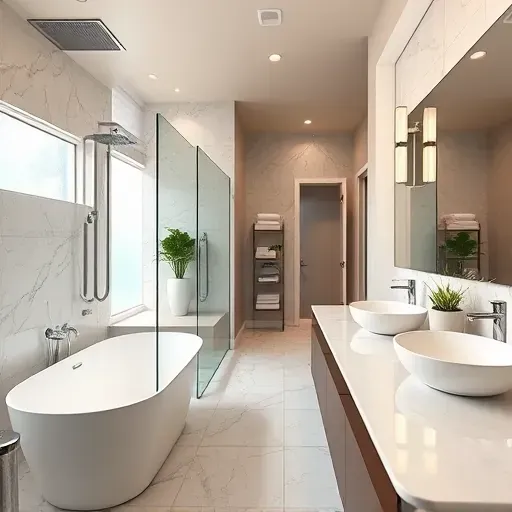 Remodeled Sugar Land bathroom with large glass shower, marble tiles, freestanding tub, floating vanity, and natural light