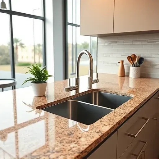 Modern kitchen with polished granite countertops, sleek cabinetry, stainless steel sink, potted herbs, and natural light.