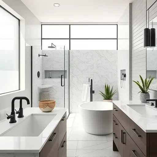 Remodeled stylish bathroom with black fixtures, walk-in glass shower, freestanding bathtub, marble countertops, and natural lighting