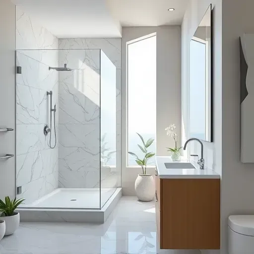 Remodeled Porter TX bathroom with glass shower, marble tiles, quartz vanity, natural light, and modern decor