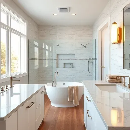 Modern bathroom with walk-in shower, marble countertops, freestanding tub, brushed nickel fixtures, and natural light.