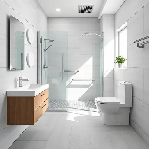 Recently completed accessible bathroom remodel in Spring TX with walk-in shower, wall-mounted sink, and safety features