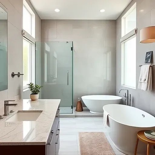 Finished bathroom in Spring TX with modern fixtures, granite countertops, glass shower, freestanding tub, and elegant tiles