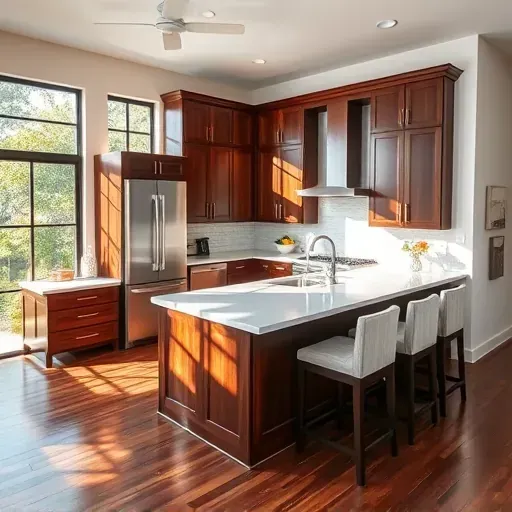Renovated kitchen in Hunters Creek Village TX with dark wood cabinetry, white quartz countertops, and natural light.