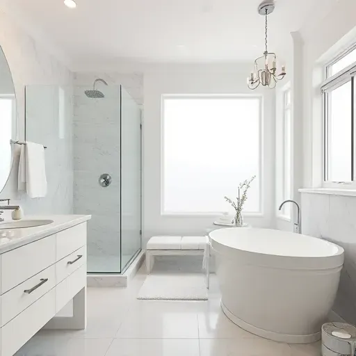 Renovated Towne Lake TX bathroom with walk-in glass shower, marble countertops, soaking tub, modern fixtures and elegant decor