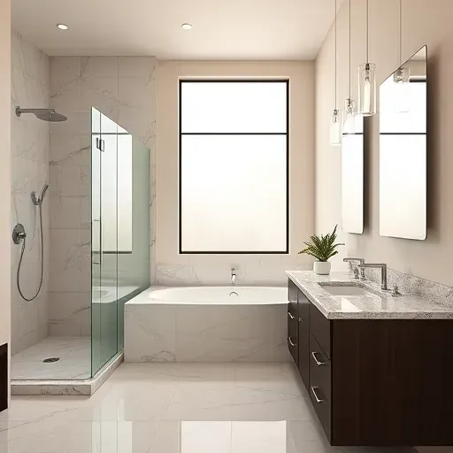 Remodeled bathroom in Sugar Land TX features walk-in shower, soaking tub, and modern fixtures with elegant decor.