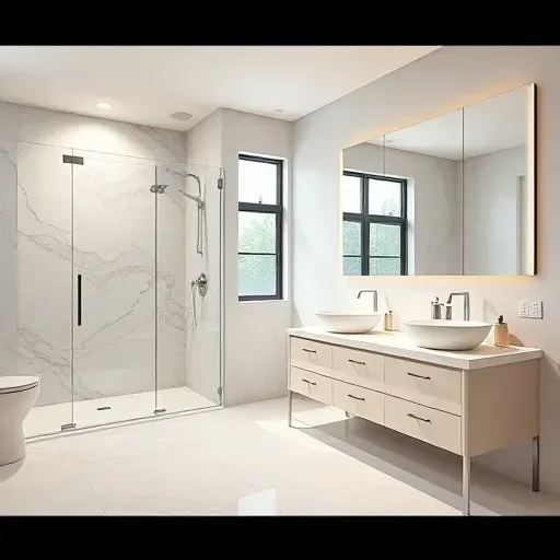 Remodeled Bellaire TX bathroom with modern walk-in shower, marble tiles, quartz vanity, vessel sinks, and ambient lighting