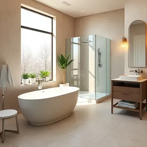 Freshly renovated bathroom in Spring, TX with modern design, free-standing tub, elegant shower, and serene atmosphere.