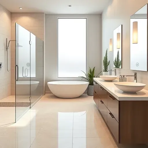 Newly remodeled modern bathroom in Katy TX featuring a glass shower, freestanding tub, double vanity, and elegant neutral tones