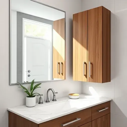 Freshly installed modern bathroom cabinet with wood finish, sleek fixtures, marble countertop, and natural lighting in Spring Texas