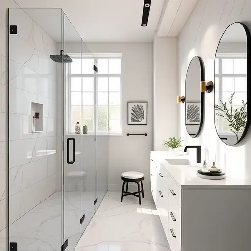Modern Spring TX bathroom with walk-in glass shower, matte black fixtures, marble tiles, stylish vanity, and ambient lighting
