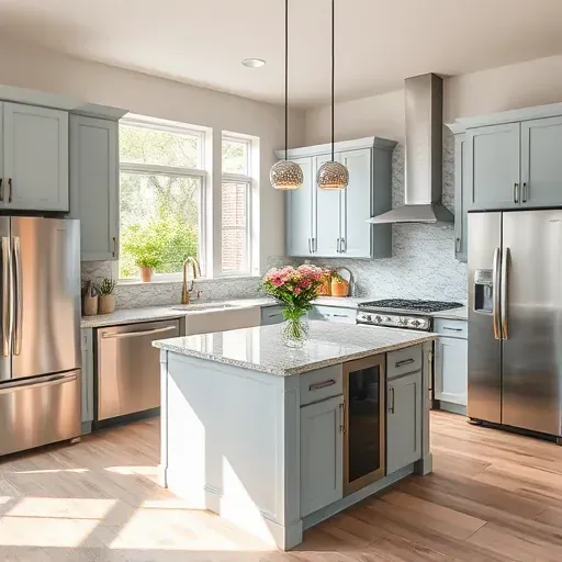 Renovated kitchen in Clear Lake TX with modern cabinetry, granite counters, stainless steel appliances, and natural light.