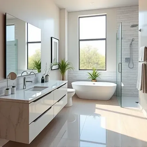 Remodeled bathroom in Woodbranch TX with sleek design, marble vanity, frameless mirror, and glass shower.